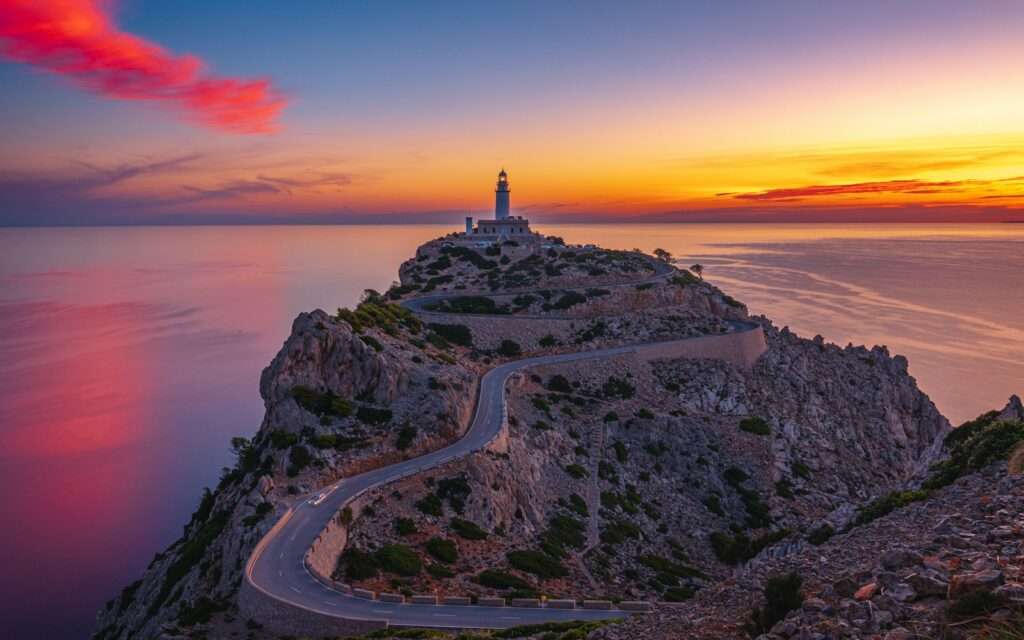 The winding road to the Formentor lighthouse at sunrise